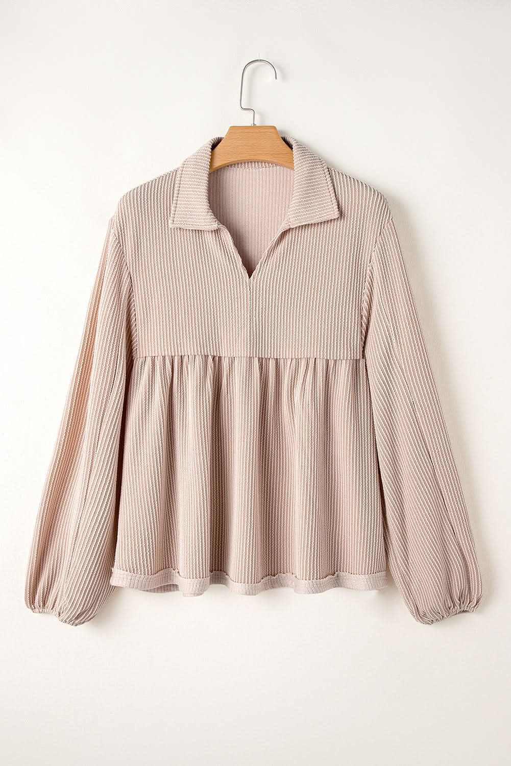 Parchment Corded Turn-down V Neck Bubble Sleeve Babydoll Blouse - Love Salve
